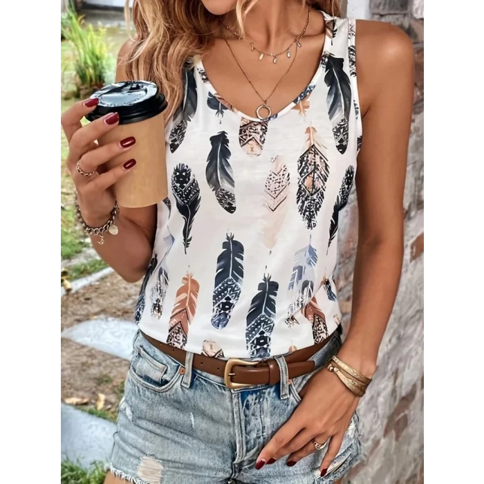 Kadın Sıfır Kollu V Yakalı Yaprak Desenli Süprem Bluz