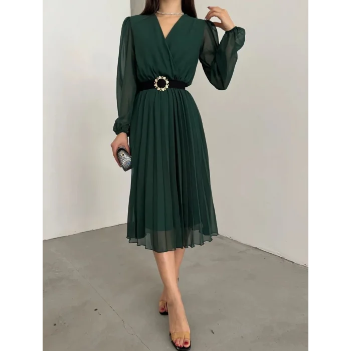 Kadın şifon Kumaş Astalı Kloş Kesim Kruvaze Yaka Midi Boy Elbise