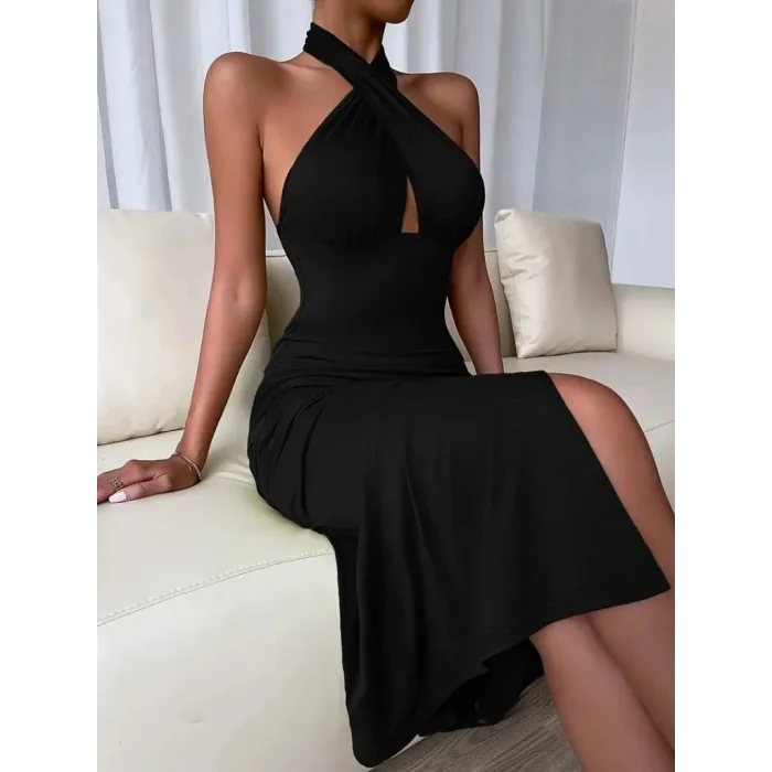 Kadın Sırt Dekolteli Boyun çapraz Yakalı Yırtmaç Detay Midi Sandy Elbise