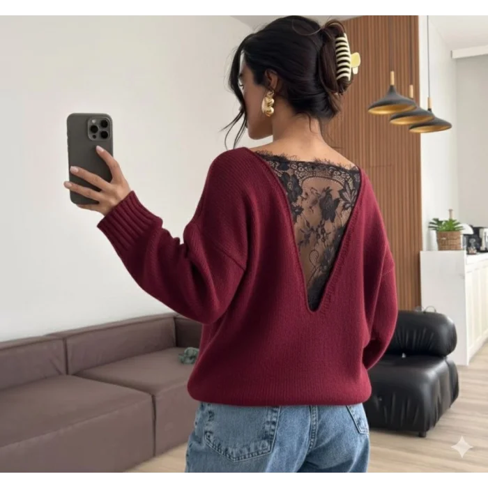 Kadın Sırtı Dantel Transparan Detay Triko Kazak