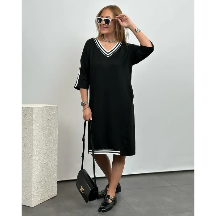 Kadın Siyah Diz Üstü Ribanalı Elbise