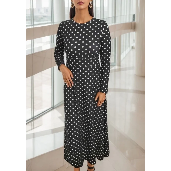 Kadın Siyah Tam Boy Beyaz Puantiyeli Elbise