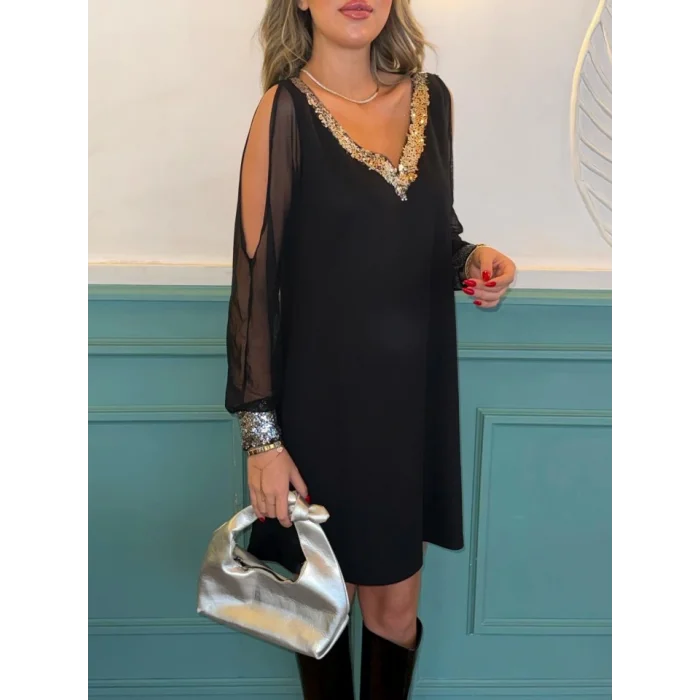 Kadın Siyah Uzun Kollu Kollar Tül Yırtmaçlı V Yakalı Kısa Krep Elbise
