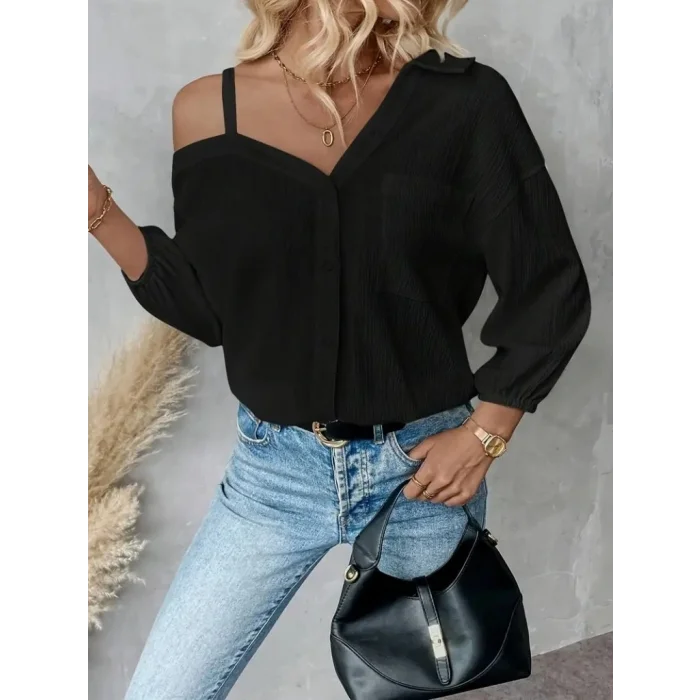 Kadın Tek Omuzdan Açık Askılı Uzun Kollu Yakalı önden Düğmeli Gömlek