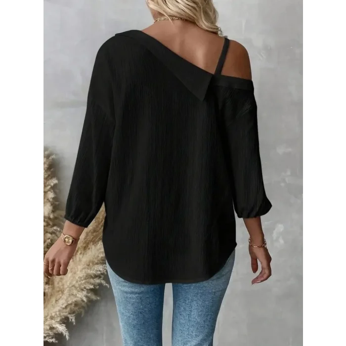 Kadın Tek Omuzdan Açık Askılı Uzun Kollu Yakalı önden Düğmeli Gömlek