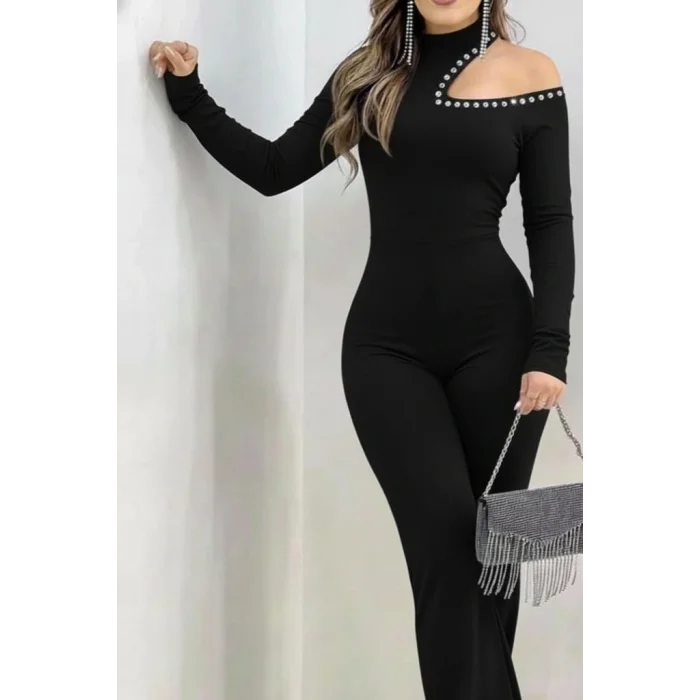 Kadın Tek Omuzdan Açık Balıkçı Yaka Taş Detaylı Uzun Ithal Krep Tulum