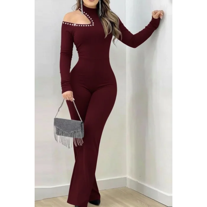 Kadın Tek Omuzdan Açık Balıkçı Yaka Taş Detaylı Uzun Ithal Krep Tulum