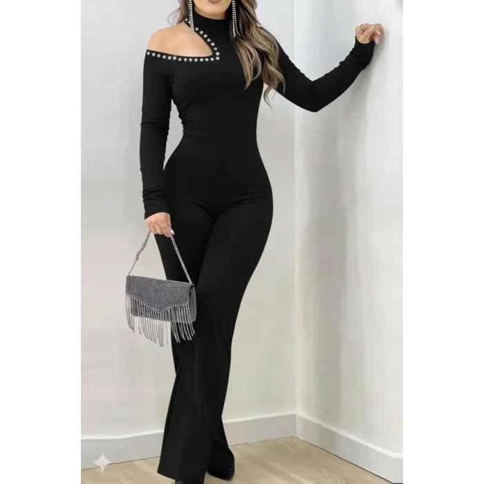 Kadın Tek Omuzdan Açık Balıkçı Yaka Taş Detaylı Uzun Ithal Krep Tulum