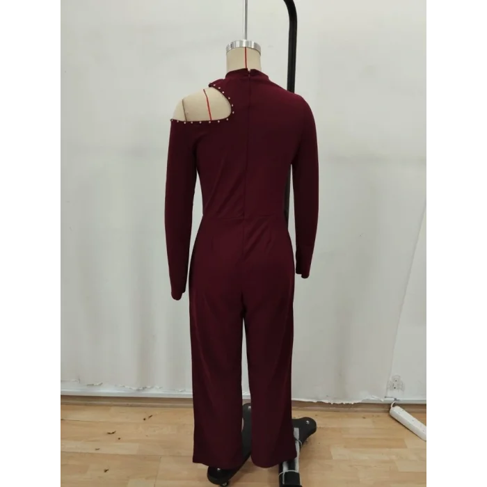 Kadın Tek Omuzdan Açık Balıkçı Yaka Taş Detaylı Uzun Ithal Krep Tulum