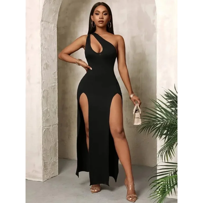 Kadın Tek Omuzdan Açık Damla Detaylı Yırtmaç Detaylı Uzun Janjan Krep Elbise