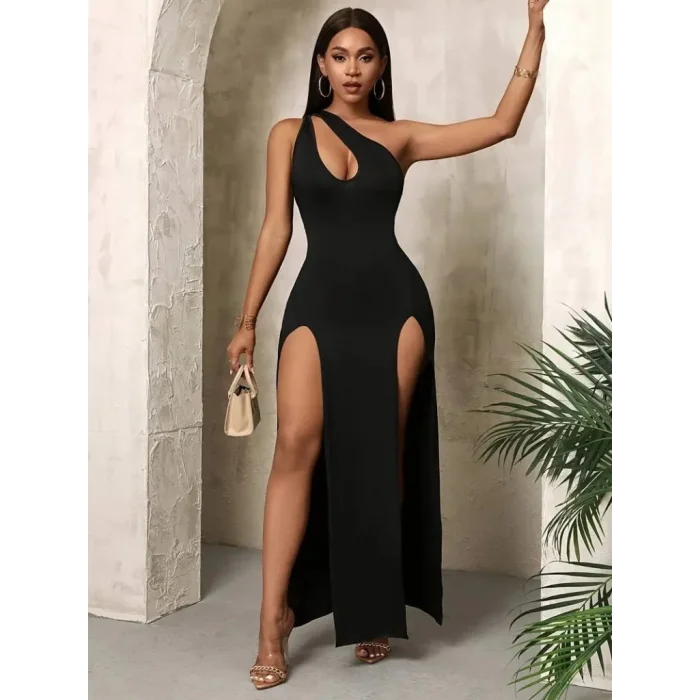 Kadın Tek Omuzdan Açık Damla Detaylı Yırtmaç Detaylı Uzun Janjan Krep Elbise