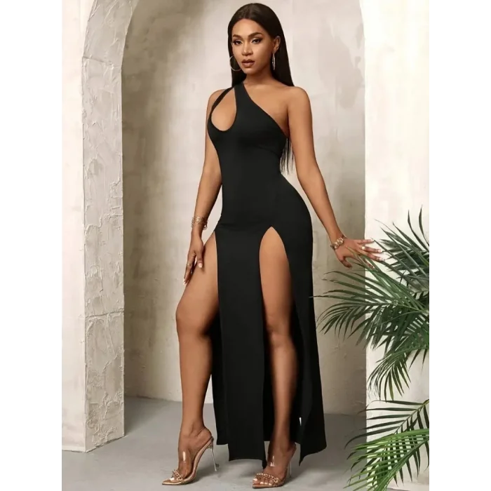 Kadın Tek Omuzdan Açık Damla Detaylı Yırtmaç Detaylı Uzun Janjan Krep Elbise