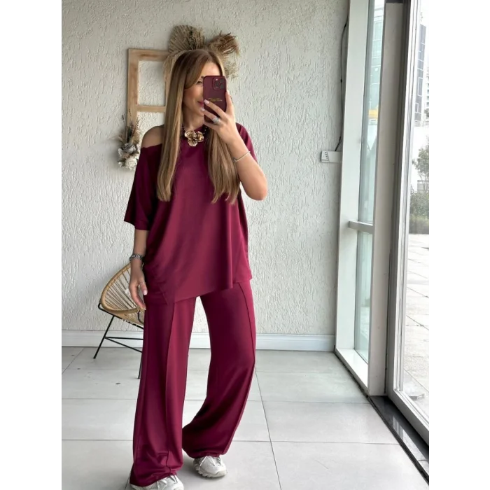 Kadın Tek Omuzdan Açık Geniş Kesim Viskon Iki Iplik Bluz Ve Pantolon Ikili Takım