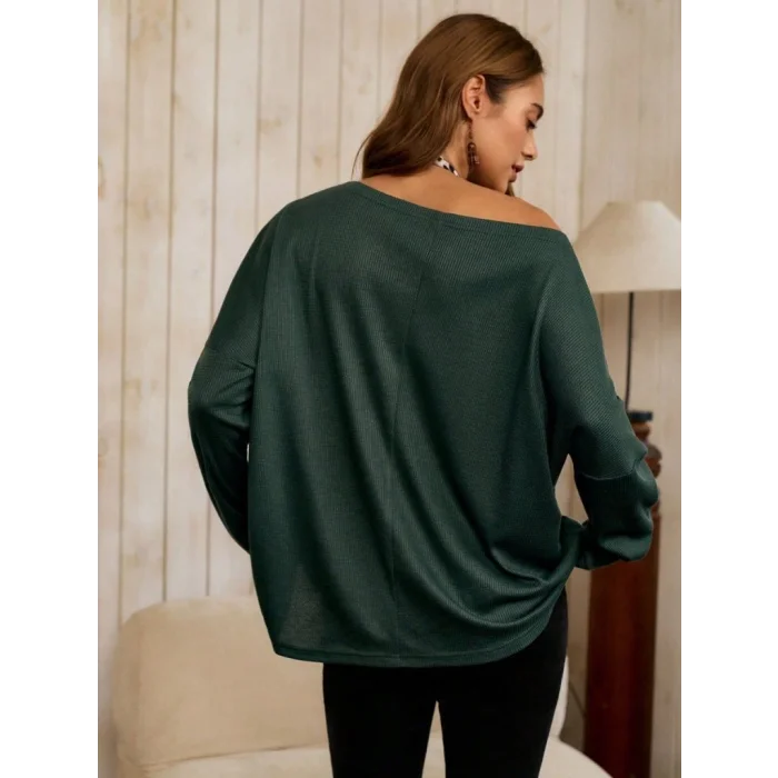 Kadın Tek Omuzdan Açık Yarasa Kollu Waffle Bluz