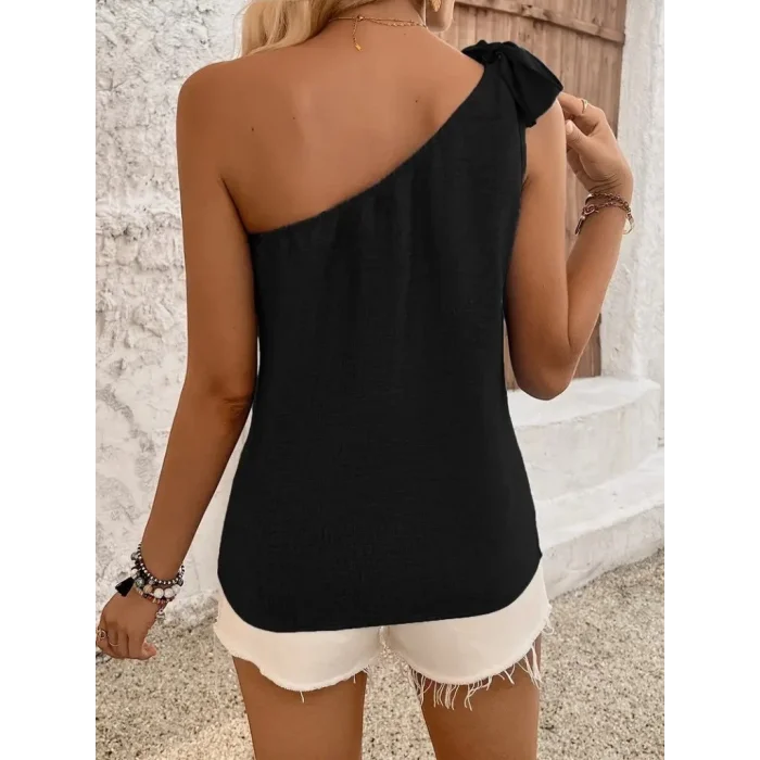 Kadın Tek Omuzdan Askılı Bağcıklı Keten Bluz