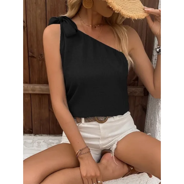 Kadın Tek Omuzdan Askılı Bağcıklı Keten Bluz