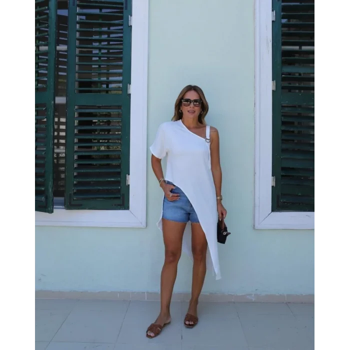 Kadın Tek Omuzu Açık Askılı Asimetrik Kesim Detaylı Bluz