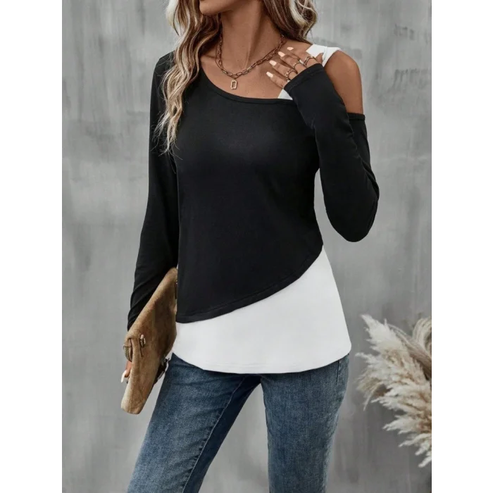 Kadın Tek Omuzu Açık Askılı çift Renkli Uzun Kollu Viskon Bluz