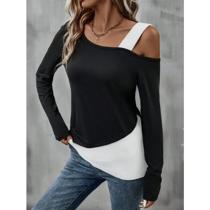 Kadın Tek Omuzu Açık Askılı çift Renkli Uzun Kollu Viskon Bluz