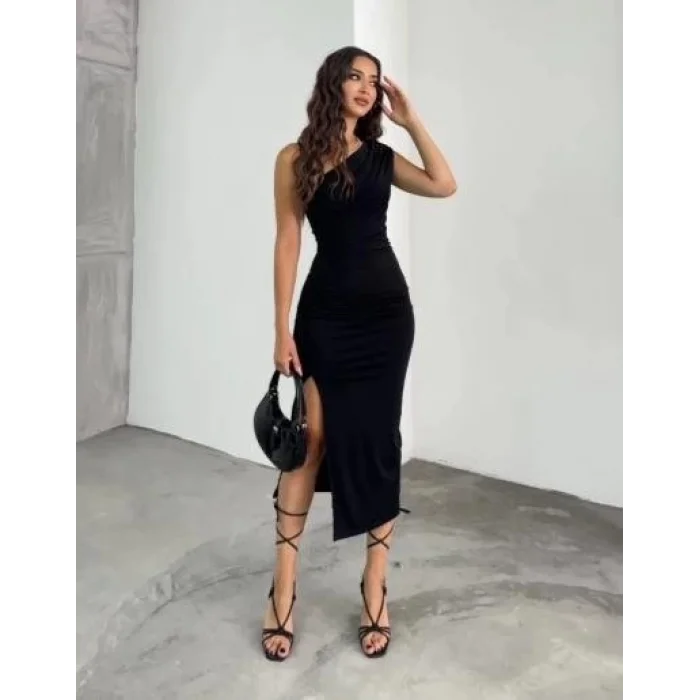 Kadın Tek Omuzu Açık Büzgülü Yandan Yırtmaçlı Uzun Sandy Elbise