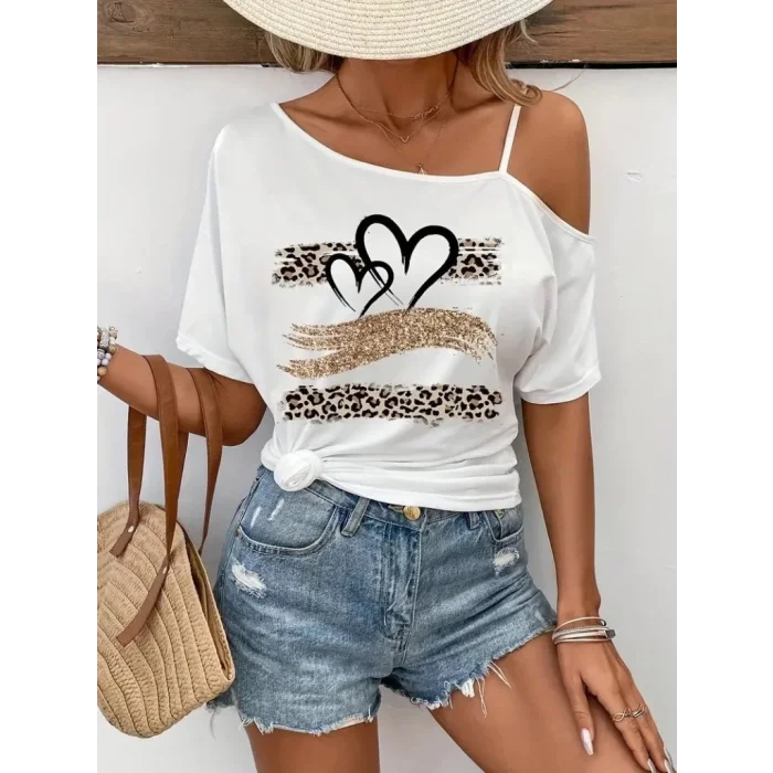 Kadın Tek Omuzu Açık Ip Askılı Baskılı Viskon Bluz