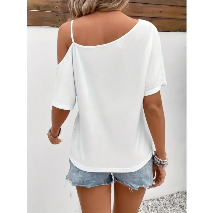 Kadın Tek Omuzu Açık Ip Askılı Baskılı Viskon Bluz