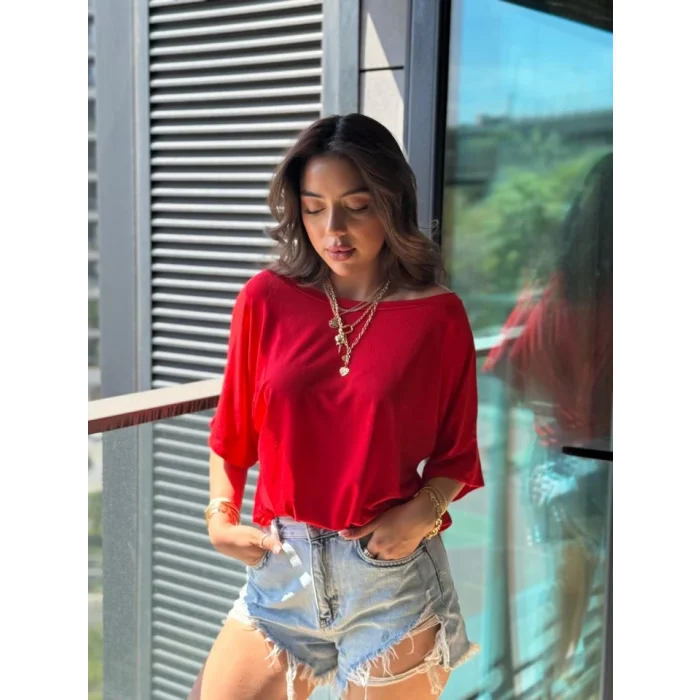Kadın Tek Omuzu Açık Kısa Kollu Salaş Viskon Bluz