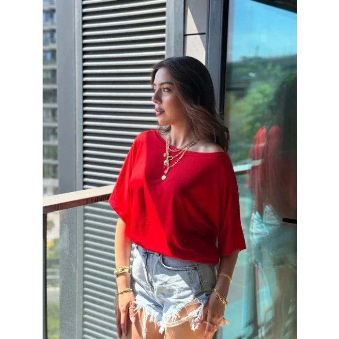 Kadın Tek Omuzu Açık Kısa Kollu Salaş Viskon Bluz