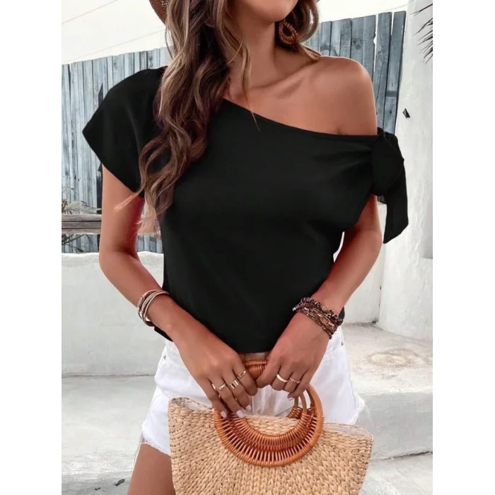 Kadın Tek Omuzu Açık Koldan Bağlamalı Janjan Krep Bluz