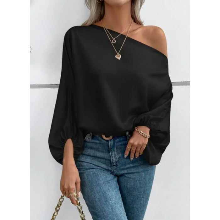 Kadın Tek Omuzu Açık Uzun Kollu Salaş Sandy Bluz