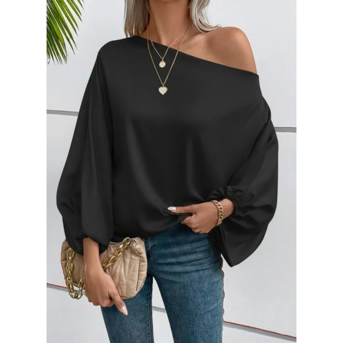 Kadın Tek Omuzu Açık Uzun Kollu Salaş Sandy Bluz