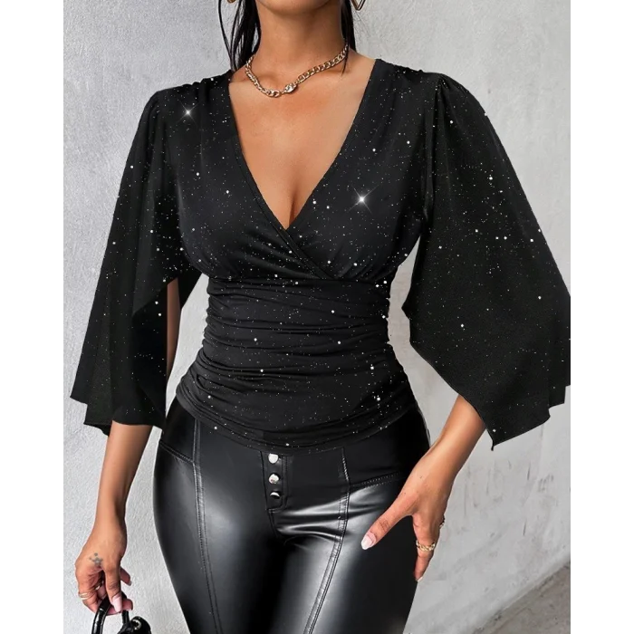 Kadın Truvakar Kollu Kruvaze Yakalı Simli Sandy Bluz