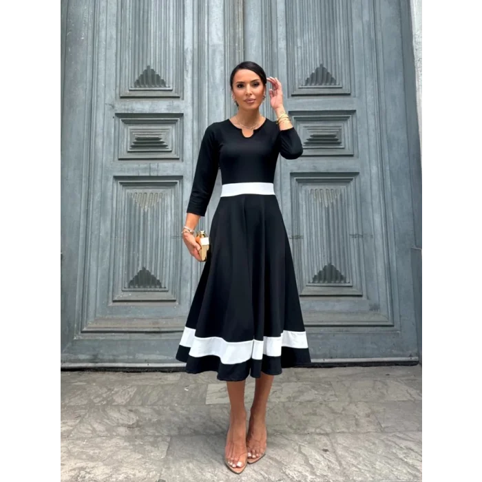 Kadın Truvakarkol Yakası Açık Blok Renkli Krep Midi Elbise