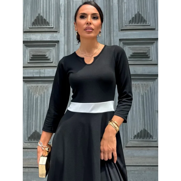 Kadın Truvakarkol Yakası Açık Blok Renkli Krep Midi Elbise