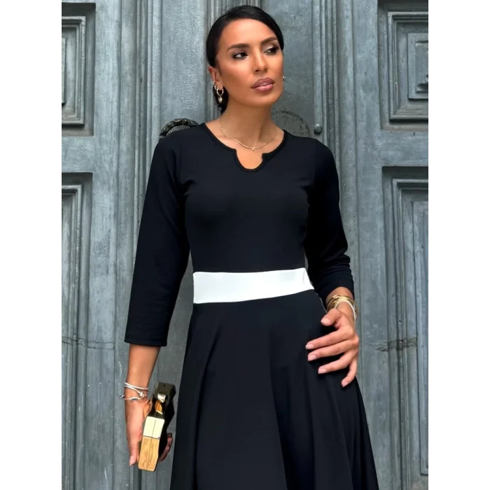 Kadın Truvakarkol Yakası Açık Blok Renkli Krep Midi Elbise