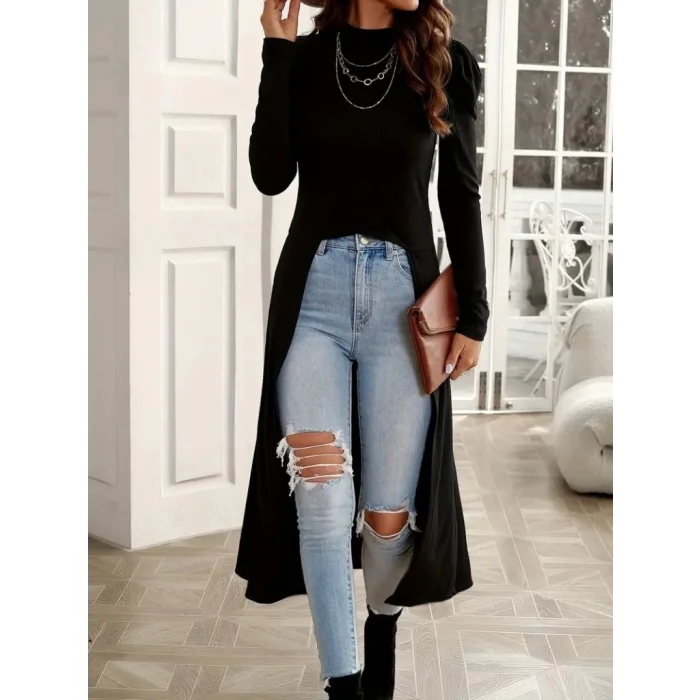 Kadın Uzun Balon Kollu Yarı Balıkçı Yaka önü Açık Kaşkorse Tunik