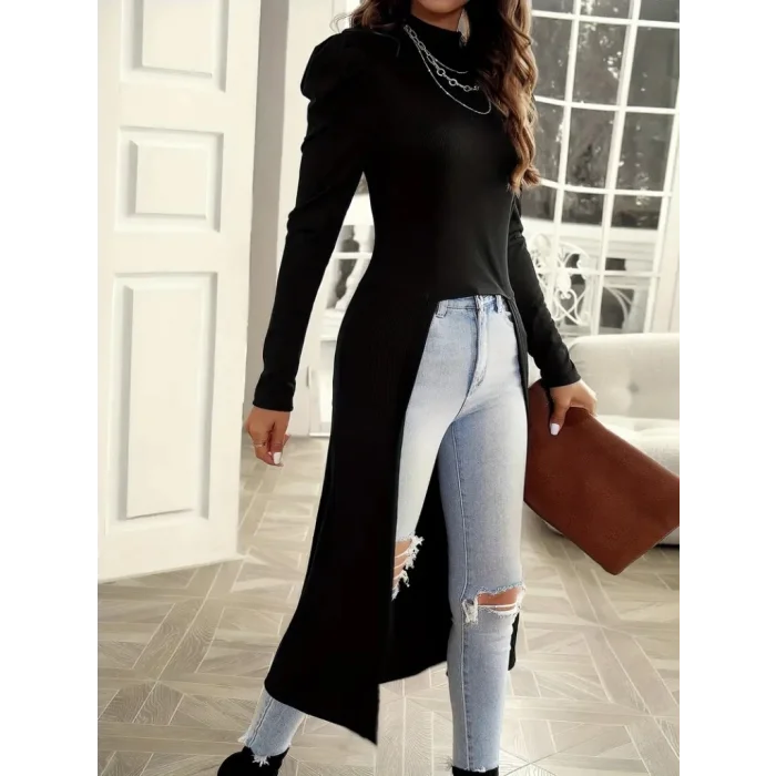 Kadın Uzun Balon Kollu Yarı Balıkçı Yaka önü Açık Kaşkorse Tunik