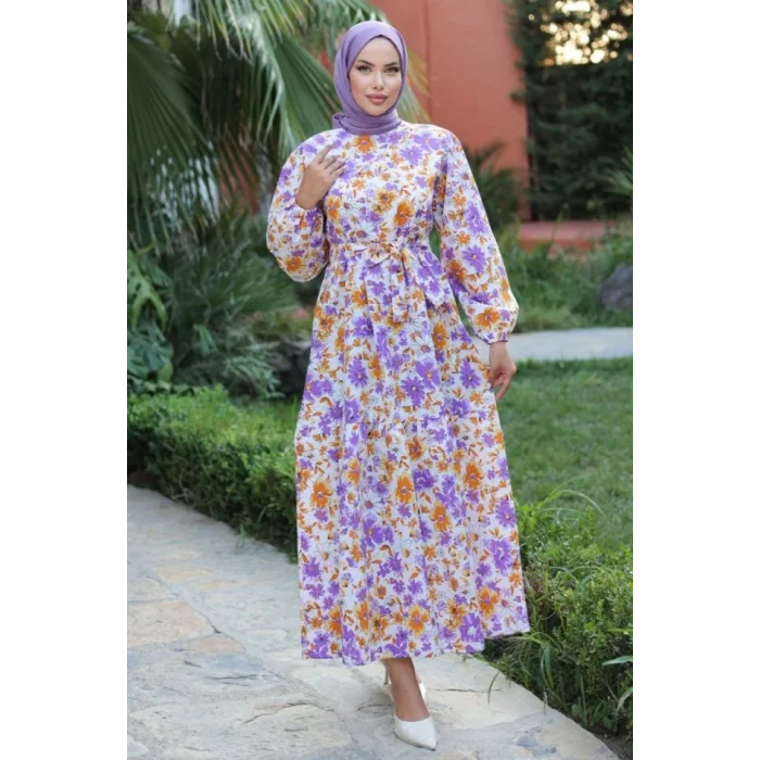 Kadın Uzun Çiçek Yaprak Desenli Belden Bağlamalı Elbise