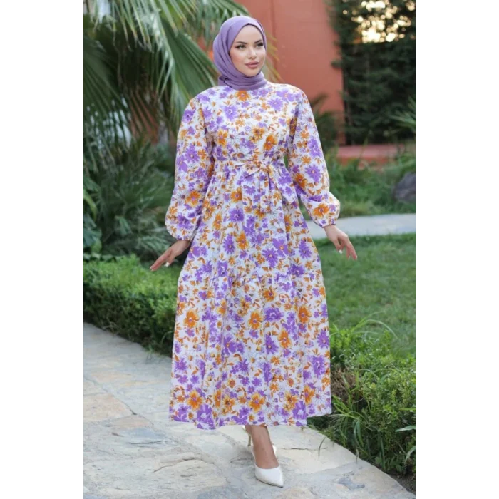 Kadın Uzun Çiçek Yaprak Desenli Belden Bağlamalı Elbise