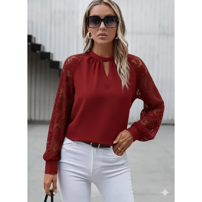 Kadın Uzun Dantel Kollu Yuvarlak Yakalı Sandy Bluz