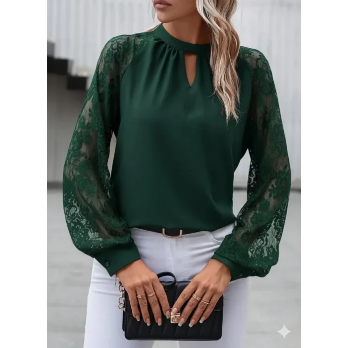 Kadın Uzun Dantel Kollu Yuvarlak Yakalı Sandy Bluz