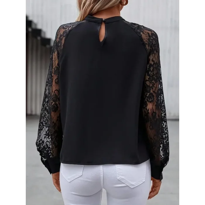 Kadın Uzun Dantel Kollu Yuvarlak Yakalı Sandy Bluz