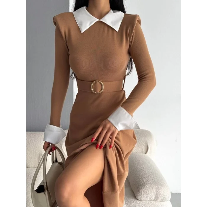 Kadın Uzun Kol Gömlek Yaka Ve Vatka Detay Kemer Dahil Midi Boy Elbise