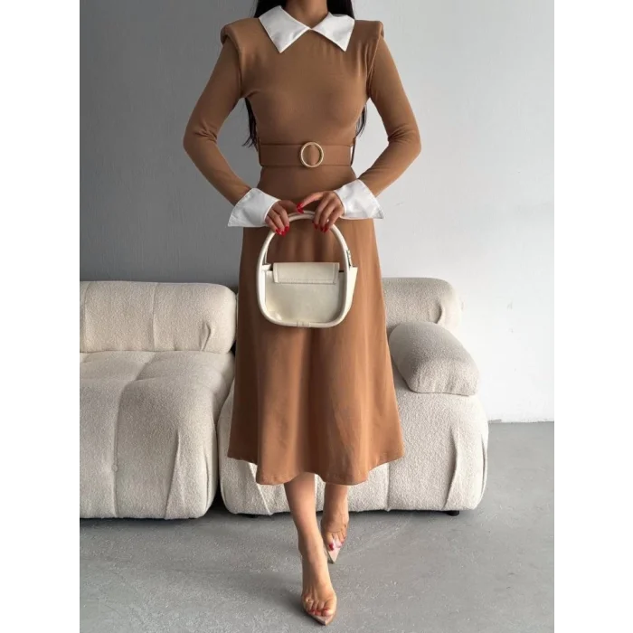 Kadın Uzun Kol Gömlek Yaka Ve Vatka Detay Kemer Dahil Midi Boy Elbise