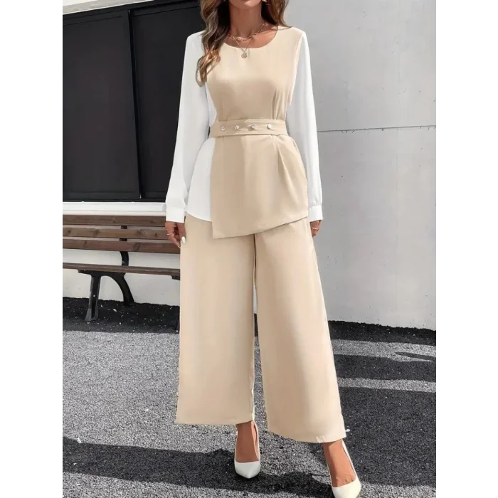 Kadın Uzun Kollu Açık Yakalı çift Renkli Kemerli Ithal Krep Ikili Takım