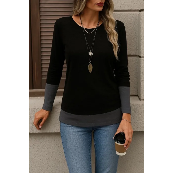 Kadın Uzun Kollu Açık Yuvarlak Yaka Blok Renkli Viskon Bluz