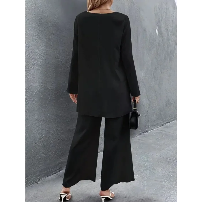 Kadın Uzun Kollu Asimetrik Detaylı Salaş Sandy Bluz Ve Pantolon Ikili Takım