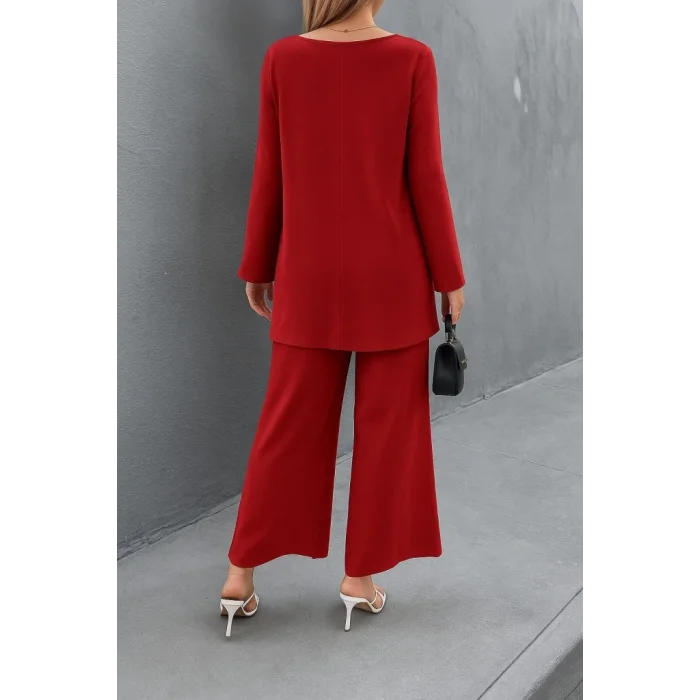 Kadın Uzun Kollu Asimetrik Detaylı Salaş Sandy Bluz Ve Pantolon Ikili Takım