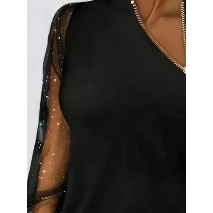 Kadın Uzun Kollu Asimetrik Fermuar Detaylı Viskon Iki Iplik Bluz