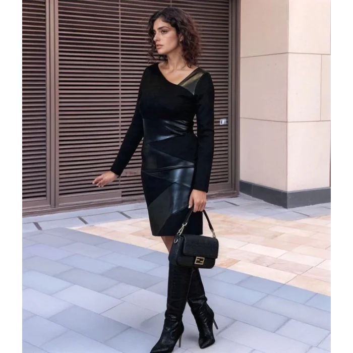 Kadın Uzun Kollu Asimetrik Yaka Süet Ve Deri Mini Boy Elbise